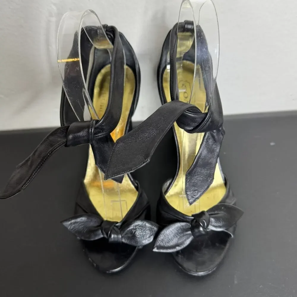 Coach Black Leather Peep-Toe Heels, Ankle Tie, 3.5